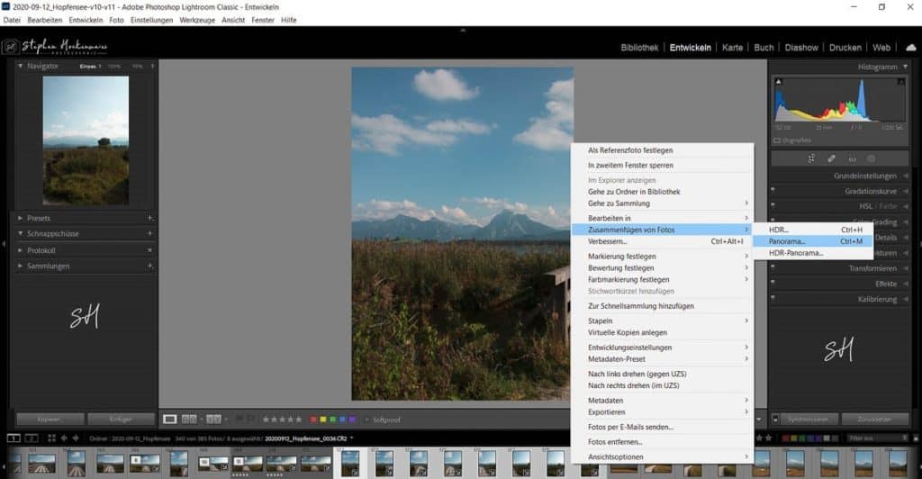 Zusammenfügen von Fotos als Panorama in Adobe Lightroom