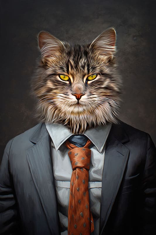 Gemälde einer Maine-Coon Katze im Anzug und Krawatte