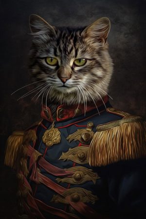 Gemälde einer Europäisch Kurzhaar Katze im Napoleon Kostüm