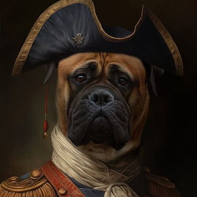 Hundeportrait eines Bullmastiff im Napoleon Stil