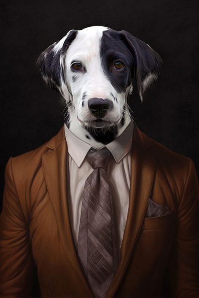 hund_portrait_dalmatiner_in_anzug_mit_krawatte_kleidung_gemälde