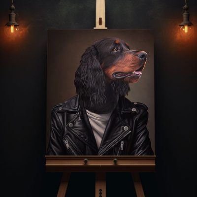Gemälde Gordon Setter Hund in Rocker Kleidung