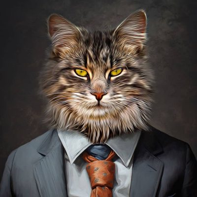 Portrait einer Maine-Coon-Katze in Anzug und Krawatte